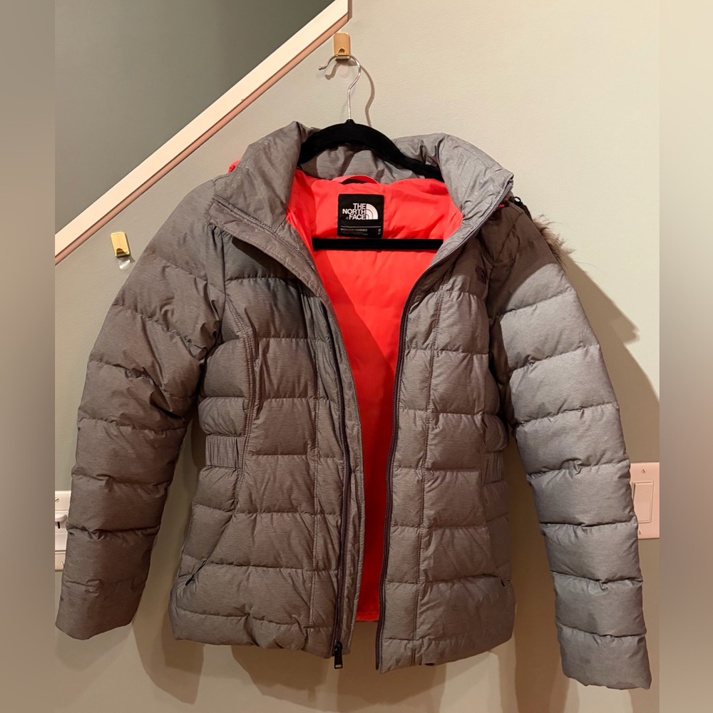 The North Face Gray and Red Puffer Jacket